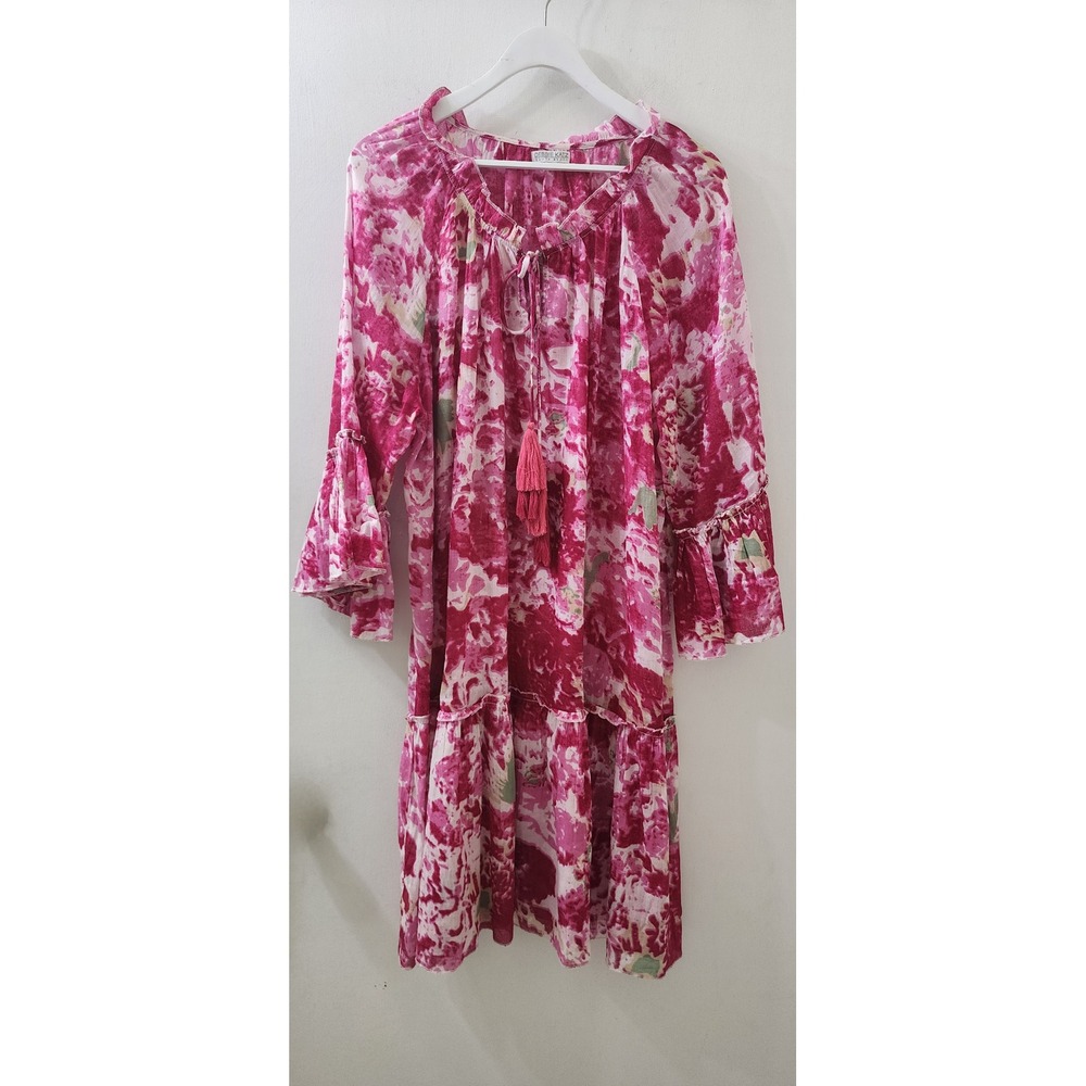 Debbie Katz South Beach Pink Floral Tie Dye Cotton Tunic Dress XL Boho Tassel